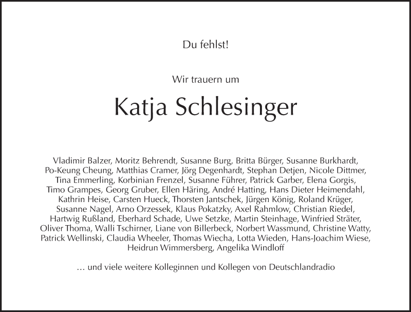  Traueranzeige für Katja Schlesinger vom 23.12.2016 aus Tagesspiegel