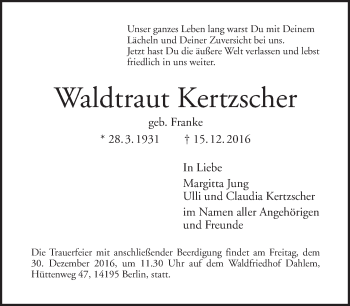 Traueranzeige von Waldtraut Kertzscher von Tagesspiegel