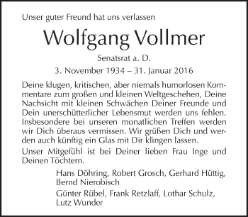 Traueranzeige von Wolfgang Vollmer von Tagesspiegel