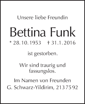 Traueranzeige von Bettina Funk von Tagesspiegel