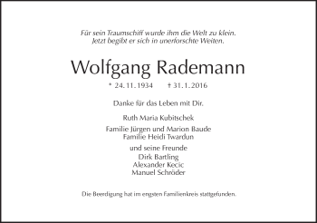 Traueranzeige von Wolfgang Rademann von Tagesspiegel