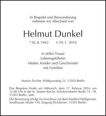 Traueranzeige von Helmut Dunkel von Tagesspiegel