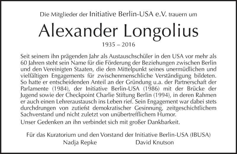  Traueranzeige für Alexander Longolius vom 07.02.2016 aus Tagesspiegel