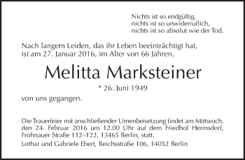 Traueranzeige von Melitta Marksteiner von Tagesspiegel