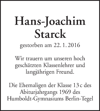 Traueranzeige von Hans-Joachim Starck von Tagesspiegel