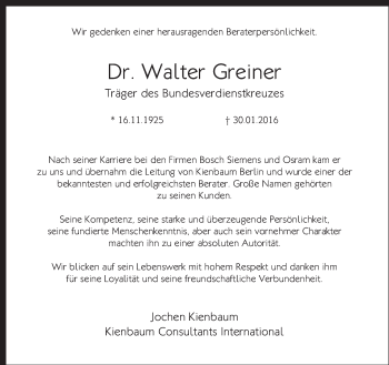 Traueranzeige von Walter Greiner von Tagesspiegel