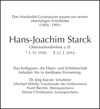 Traueranzeige von Hans-Joachim Starck von Tagesspiegel