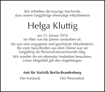 Traueranzeige von Helga Kluttig von Tagesspiegel
