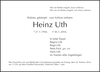 Traueranzeige von Heinz Uth von Tagesspiegel