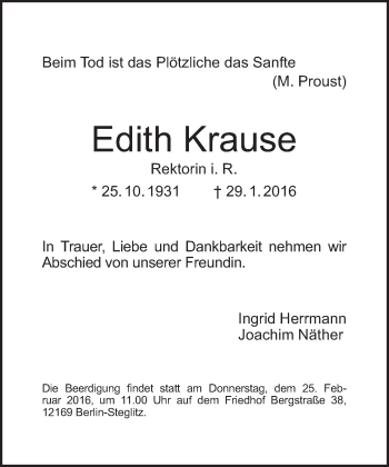 Traueranzeige von Edith Krause von Tagesspiegel