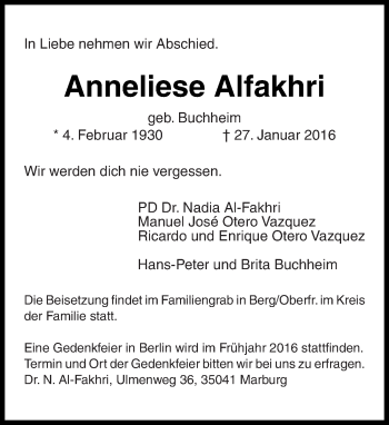 Traueranzeige von Anneliese Alfakhri von Tagesspiegel