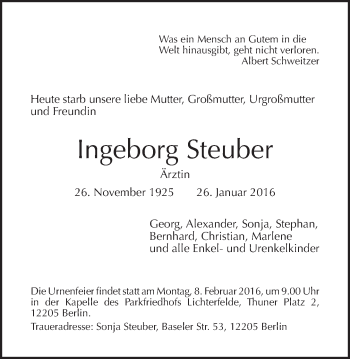 Traueranzeige von Ingeborg Steuber von Tagesspiegel