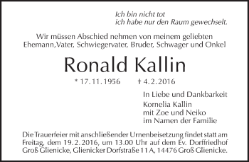 Traueranzeige von Ronald Kallin von Tagesspiegel