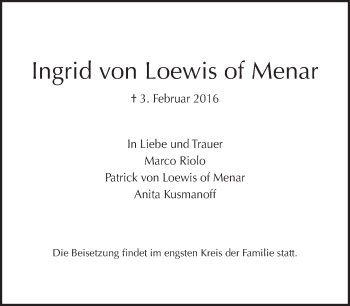 Traueranzeige von Ingrid von Loewis of Menar von Tagesspiegel