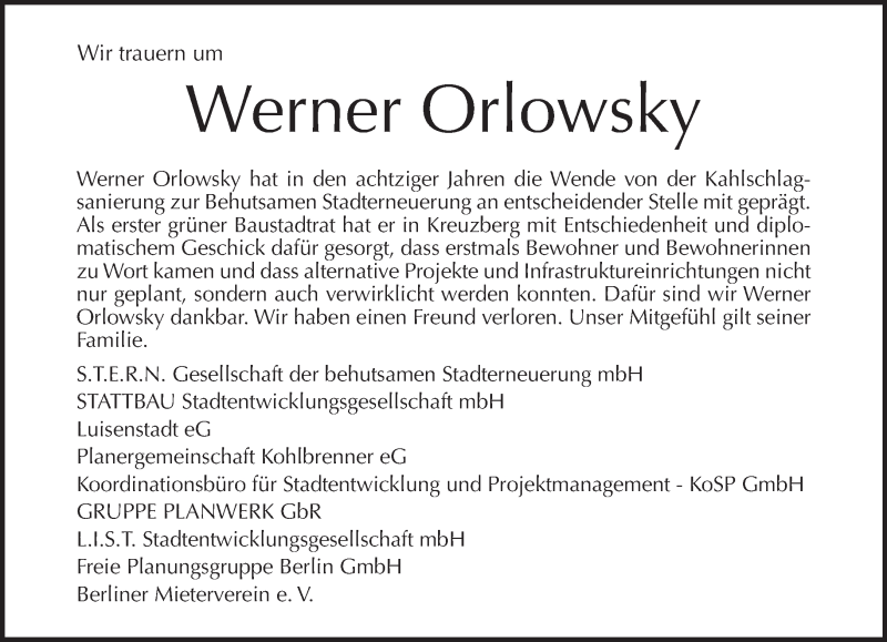  Traueranzeige für Werner Orlowsky vom 28.02.2016 aus Tagesspiegel