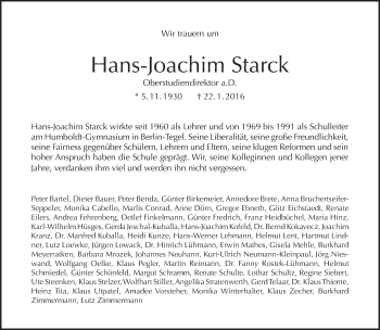 Traueranzeige von Hans-Joachim Starck von Tagesspiegel