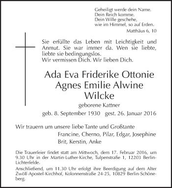 Traueranzeige von Ada Eva Friderike Ottonie Agnes Emilie Alwine Wilcke von Tagesspiegel