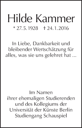 Traueranzeige von Hilde Kammer von Tagesspiegel