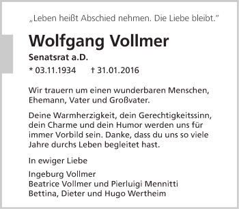 Traueranzeige von Wolfgang Vollmer von Tagesspiegel