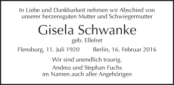 Traueranzeige von Gisela Schwanke von Tagesspiegel