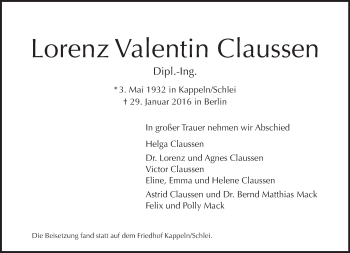 Traueranzeige von Lorenz Valentin Claussen von Tagesspiegel