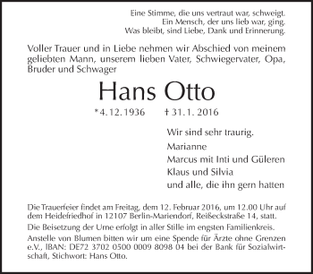 Traueranzeige von Hans Otto von Tagesspiegel