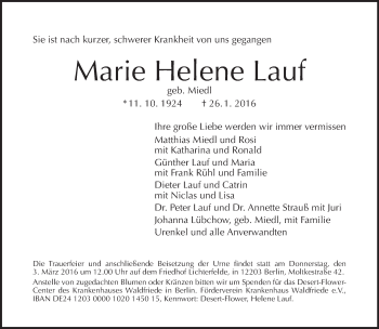 Traueranzeige von Marie Helene Lauf von Tagesspiegel