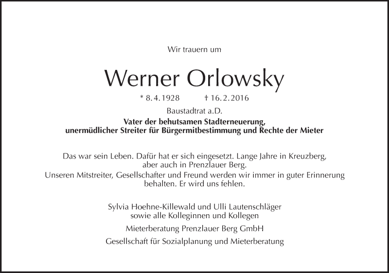  Traueranzeige für Werner Orlowsky vom 28.02.2016 aus Tagesspiegel