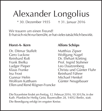 Traueranzeige von Alexander Longolius von Tagesspiegel