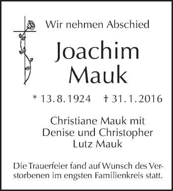 Traueranzeige von Joachim Mauk von Tagesspiegel