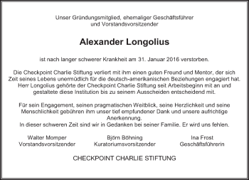 Traueranzeige von Alexander Longolius von Tagesspiegel