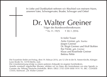 Traueranzeige von Walter Greiner von Tagesspiegel