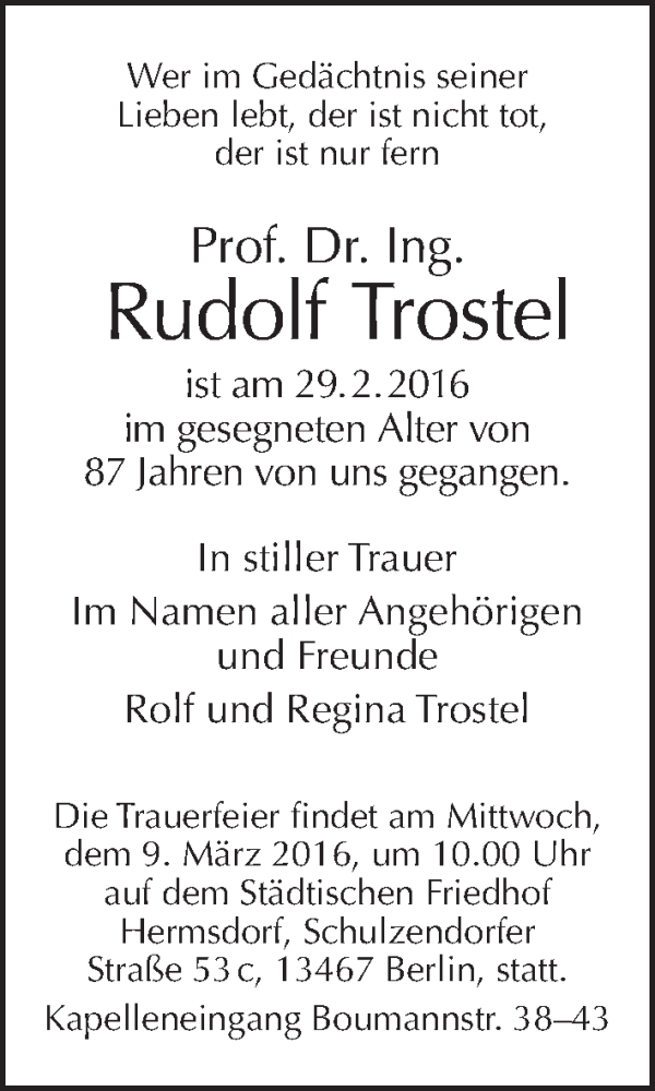  Traueranzeige für Rudolf Trostel vom 06.03.2016 aus Tagesspiegel