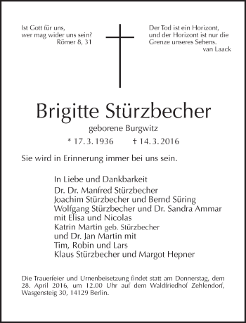 Traueranzeige von Brigitte Stürzbecher von Tagesspiegel