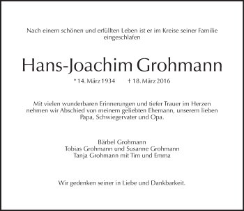 Traueranzeige von Hans-Joachim Grohmann von Tagesspiegel
