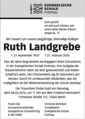 Traueranzeige von Ruth Landgrebe von Tagesspiegel