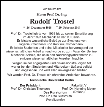 Traueranzeige von Rudolf Trostel von Tagesspiegel