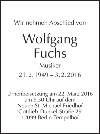 Traueranzeige von Wolfgang Fuchs von Tagesspiegel