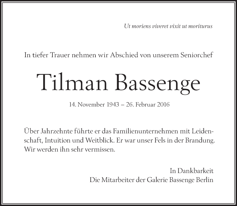  Traueranzeige für Tilman Bassenge vom 06.03.2016 aus Tagesspiegel