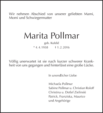 Traueranzeige von Marita Pollmar von Tagesspiegel