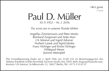 Traueranzeige von Paul D. Müller von Tagesspiegel