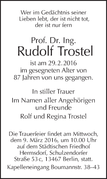 Traueranzeige von Rudolf Trostel von Tagesspiegel