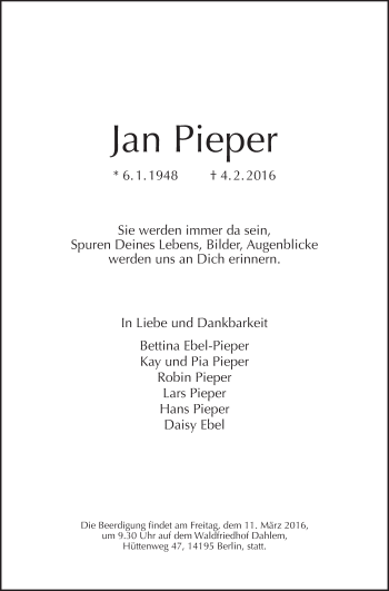 Traueranzeige von Jan Pieper von Tagesspiegel