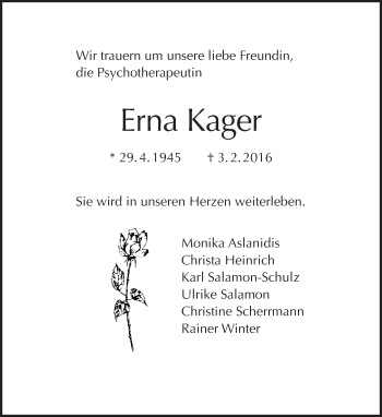 Traueranzeige von Erna Kager von Tagesspiegel