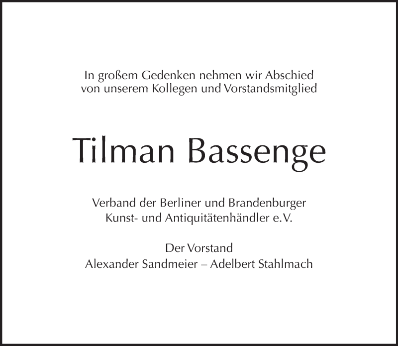  Traueranzeige für Tilman Bassenge vom 13.03.2016 aus Tagesspiegel