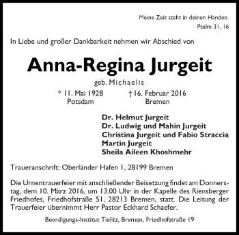 Traueranzeige von Anna-Regina Jurgeit von Tagesspiegel