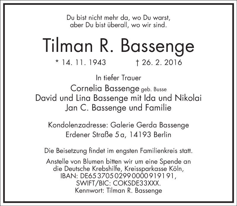  Traueranzeige für Tilman Bassenge vom 06.03.2016 aus Tagesspiegel