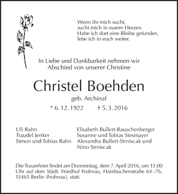 Traueranzeige von Christel Boehden von Tagesspiegel