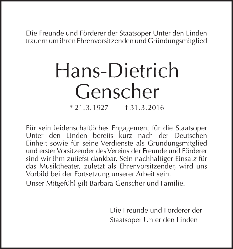  Traueranzeige für Hans-Dietrich Genscher vom 10.04.2016 aus Tagesspiegel