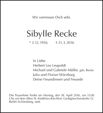 Traueranzeige von Sibylle Recke von Tagesspiegel